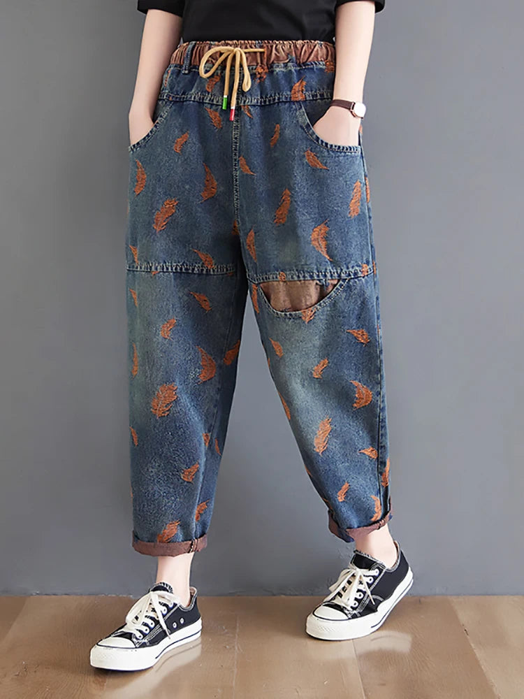 Jeans For Women Spring Street Embroidery Color Contrast Loose