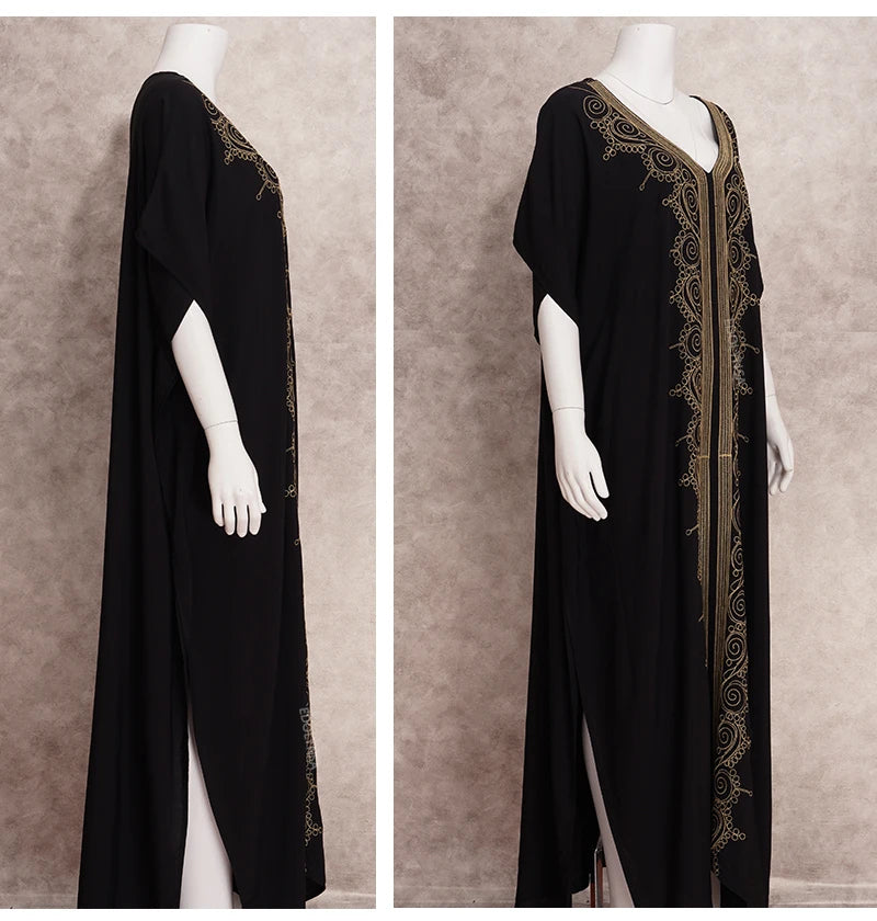 Embroidered Kaftan Long Black Tunic Loose Maxi Dress