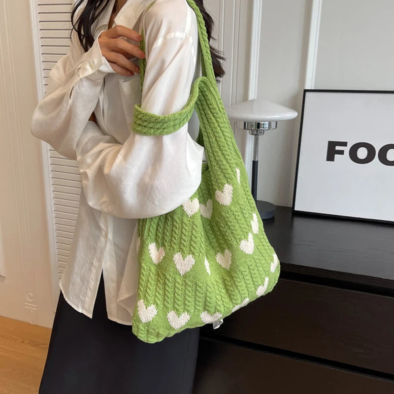 Fashion Heart Shape Pattern Knit Tote Bag Retro style