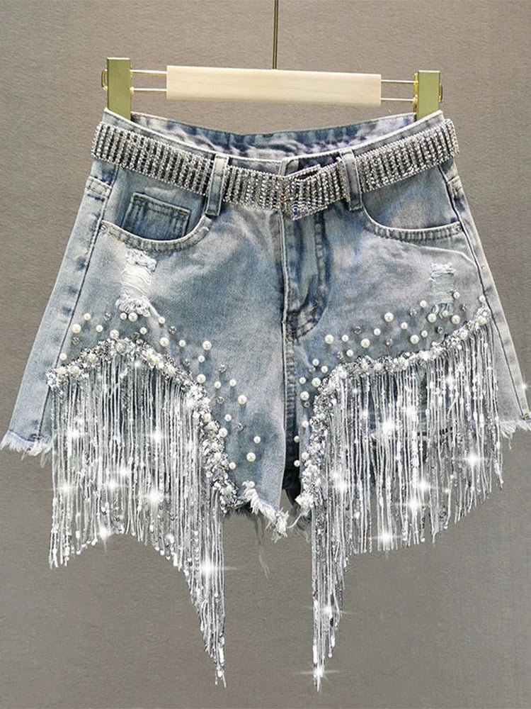 Summer Lady Tassel Beading High Waist Wide Leg Denim Shorts