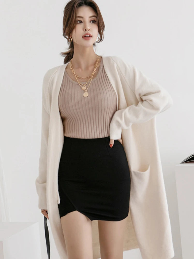 Women Solid Color Loose Thick Warm Sweater Cardigan Pocket