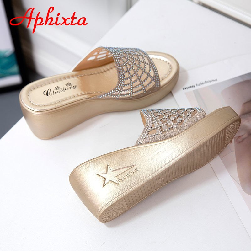 Wedge Heels Slides Women Slippers Platform Bling Crystals