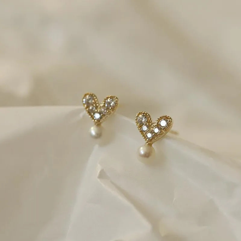 Plated Stud Earrings Mock Pearl Zircon Heart Earrings