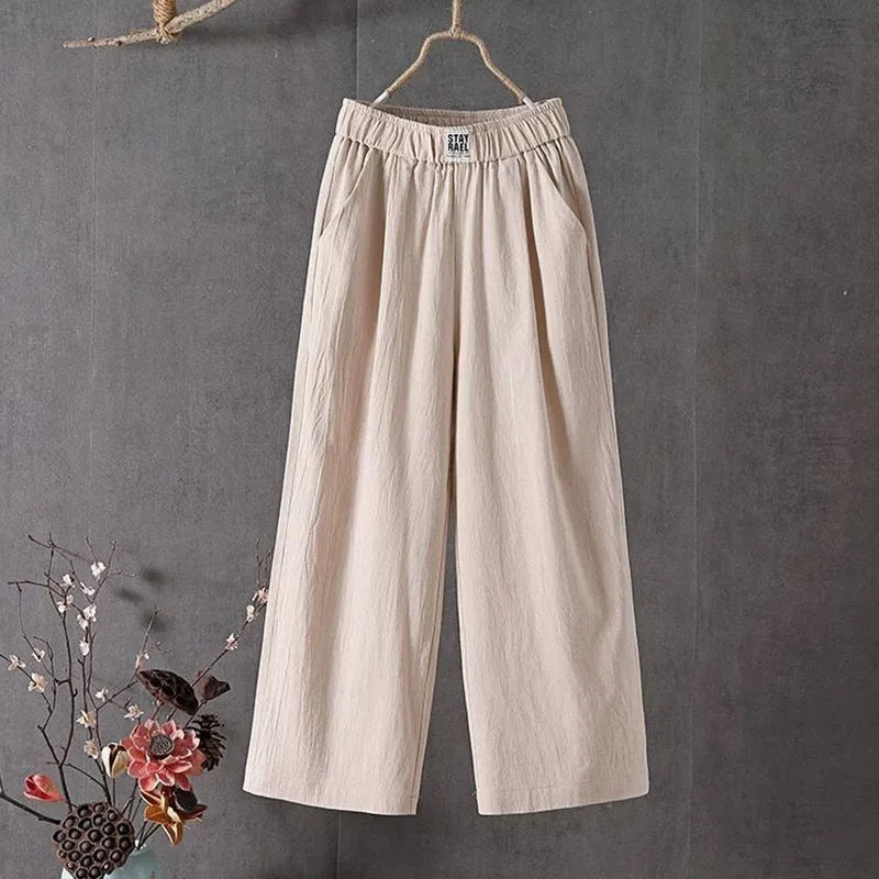 Summer Elastic Waist Women's Pants Casual Solid Cotton Linen Ankle Length