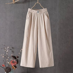 Summer Elastic Waist Women's Pants Casual Solid Cotton Linen Ankle Length