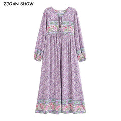 BOHO Lavender Small Flower Print Bow Lacing up Neck Long Straight Dress