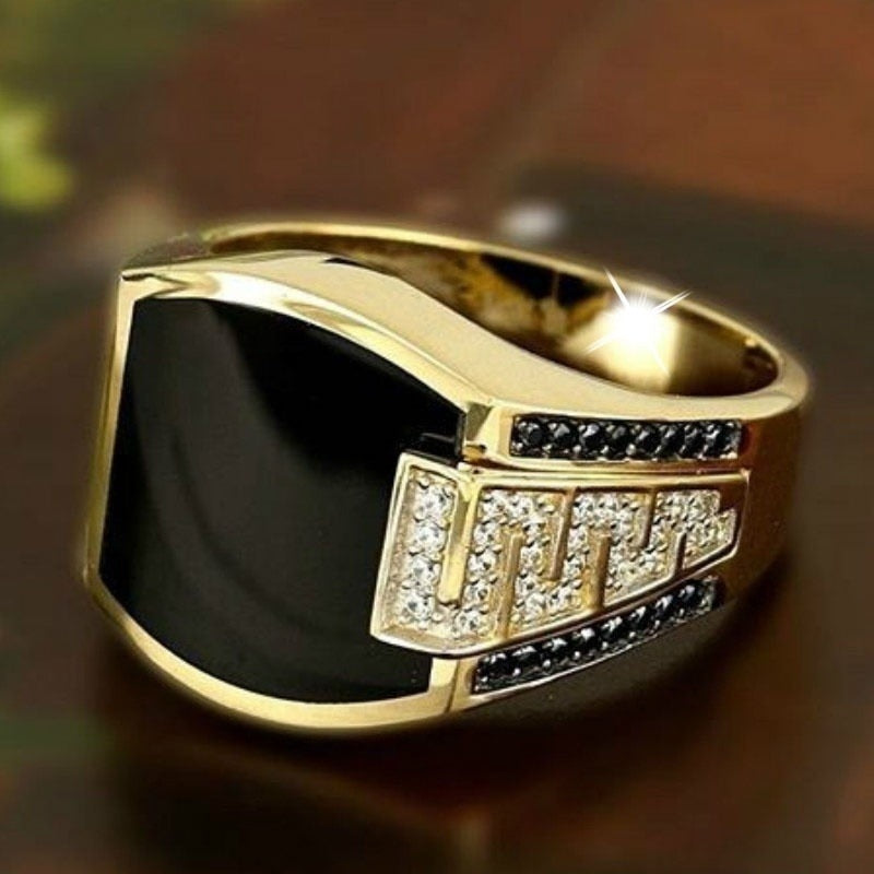 Classic Ring Fashion Metal Gold Color Inlaid Black Stone