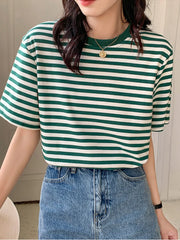 Women Stripes Vintage Tops O Neck Short Sleeve Pullover