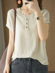 Short Sleeves T-shirt Button V Neck Cotton Linen Basic Solid Casual Top Tees