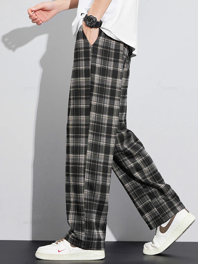 Classics Plaid Casual Pants Loose Straight Wide Leg Elastic Waist Jogger