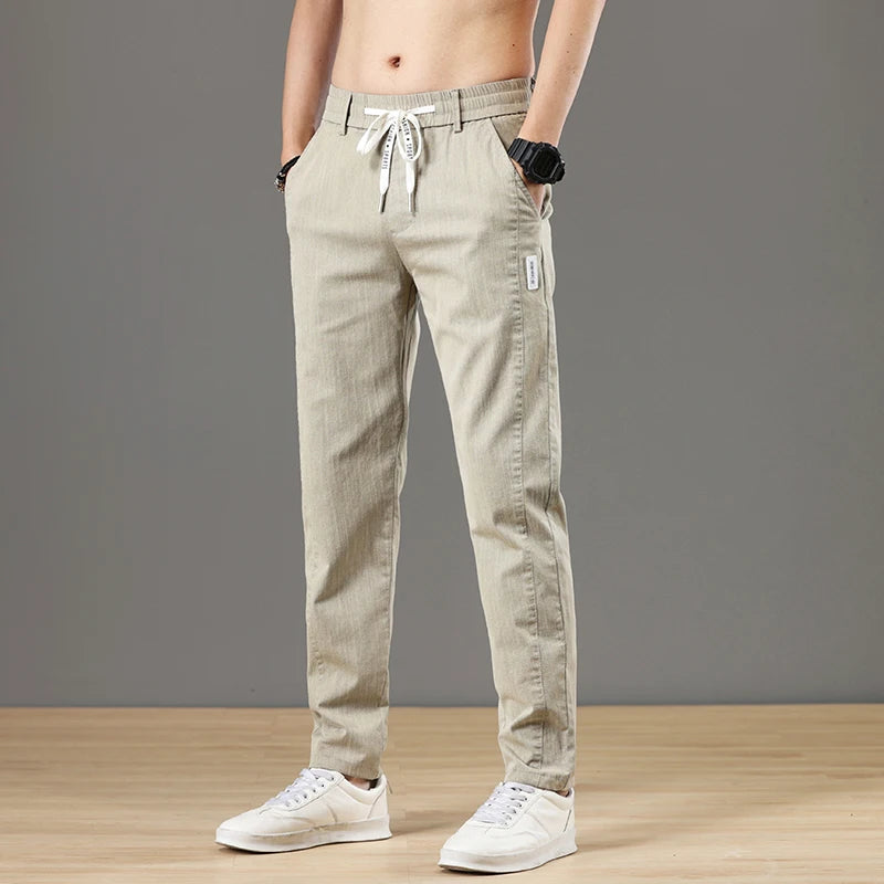 Summer Men's Pants Cotton Classic Drawstring Elastic Waist Jogging