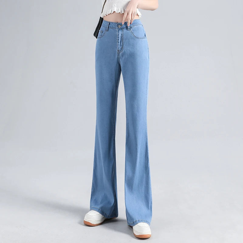 Lyocell Flared Jeans Woman High Waist Denim Pant