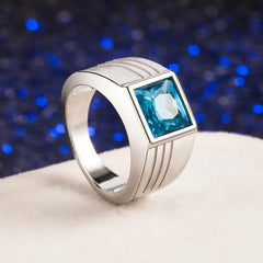 Trendy Men's Ring Blue Topaz Sterling Silver Finger Ring Fashion