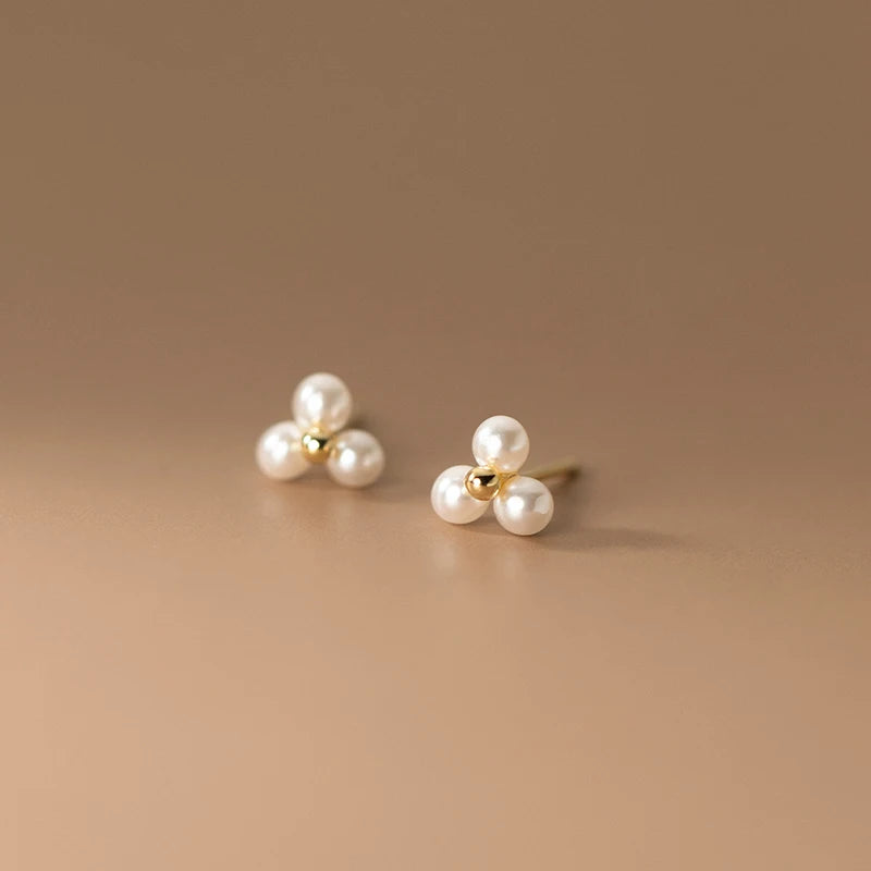 Silver Classic Simple Three Synthetic Pearl Small Stud Earrings