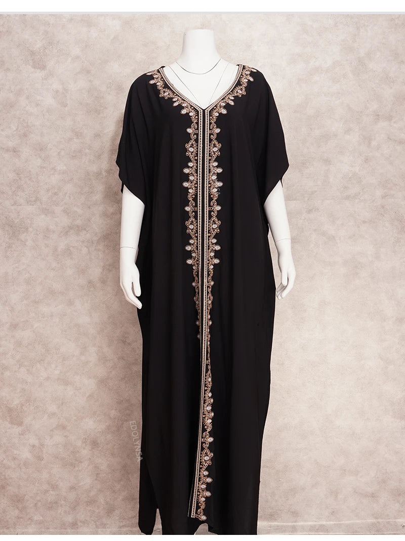 Embroidered Kaftan Long Black Tunic Loose Maxi Dress