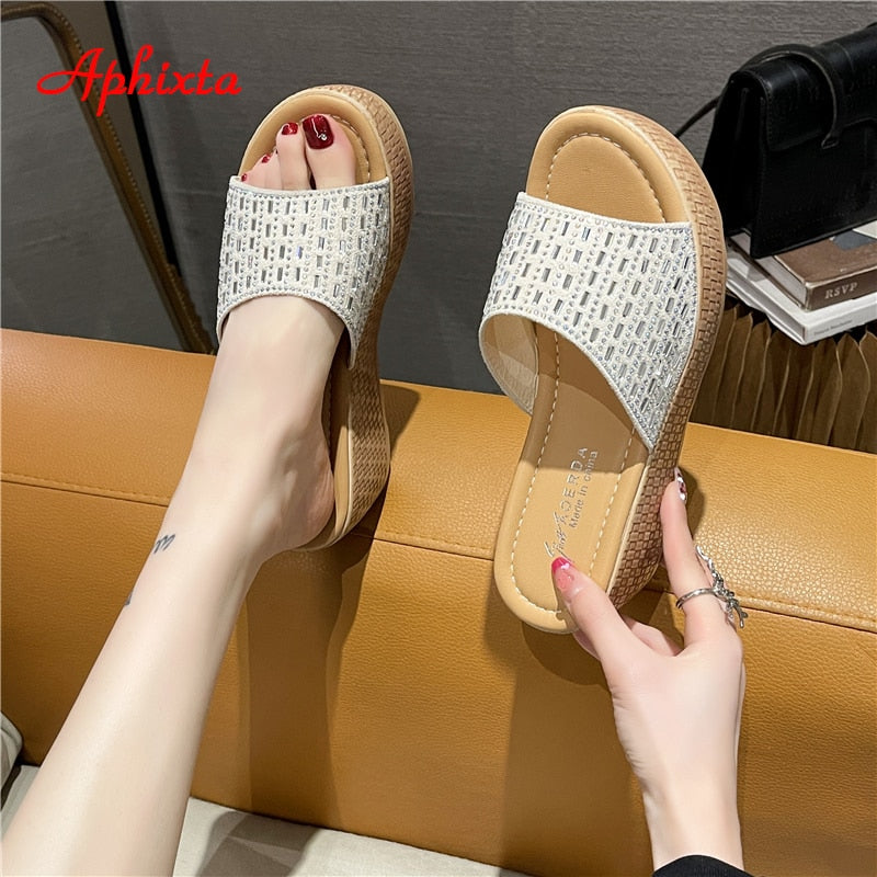 Crystals Summer 6cm Grain Wedge Heels Slippers