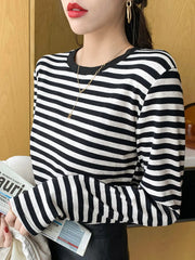 Fashion Stripe T-shirts Women O-neck Long Sleeve