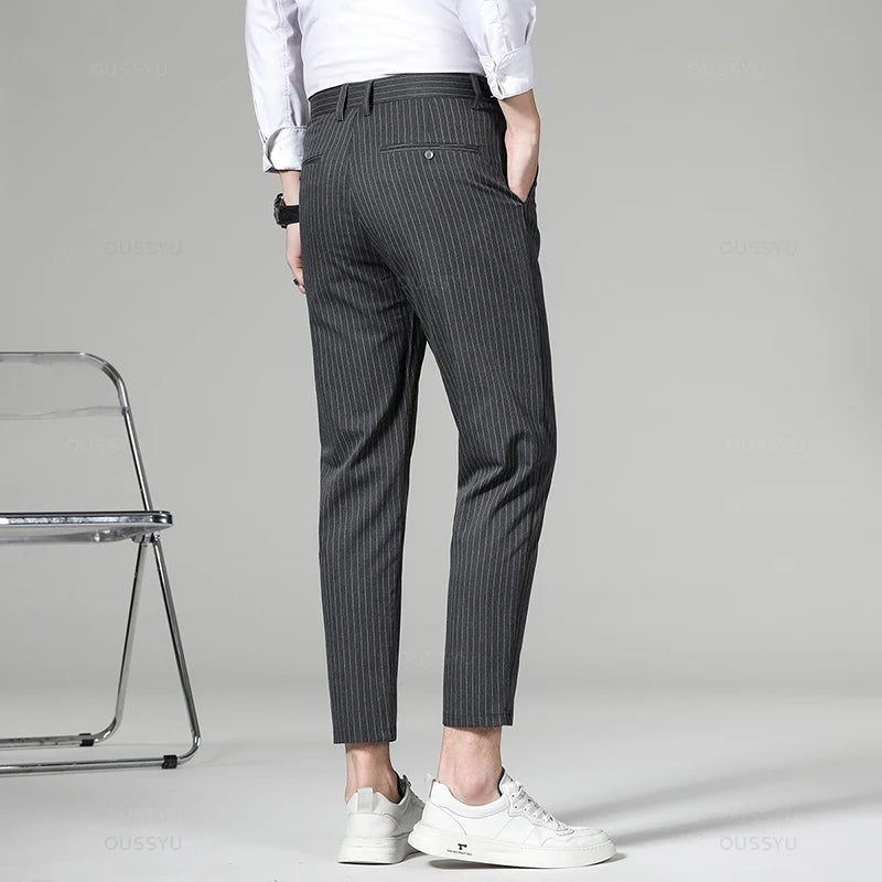 Plaid Stripe Ankle Length Men Business Long Length Pant