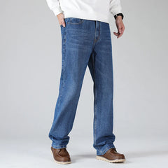 Classic Blue Cotton Straight Loose Jeans Retro Fat Plus Size Wide-leg Pants