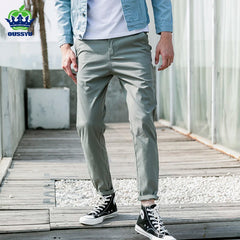 Casual Pants Men Cotton Slim Fit Chinos Ankle-Length Pants