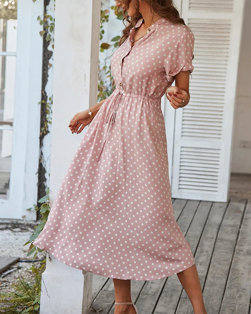 Polka Dot Print Shirt Dress Women Casual Midi Summer Dress