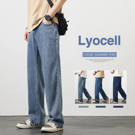 Thin Men's Lyocell Loose Straight Jeans Wide Leg Denim Trousers