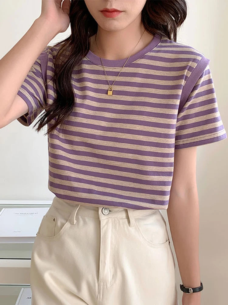 Striped T-shirts Women Top Tee Summer Cotton Short Sleeve Casual