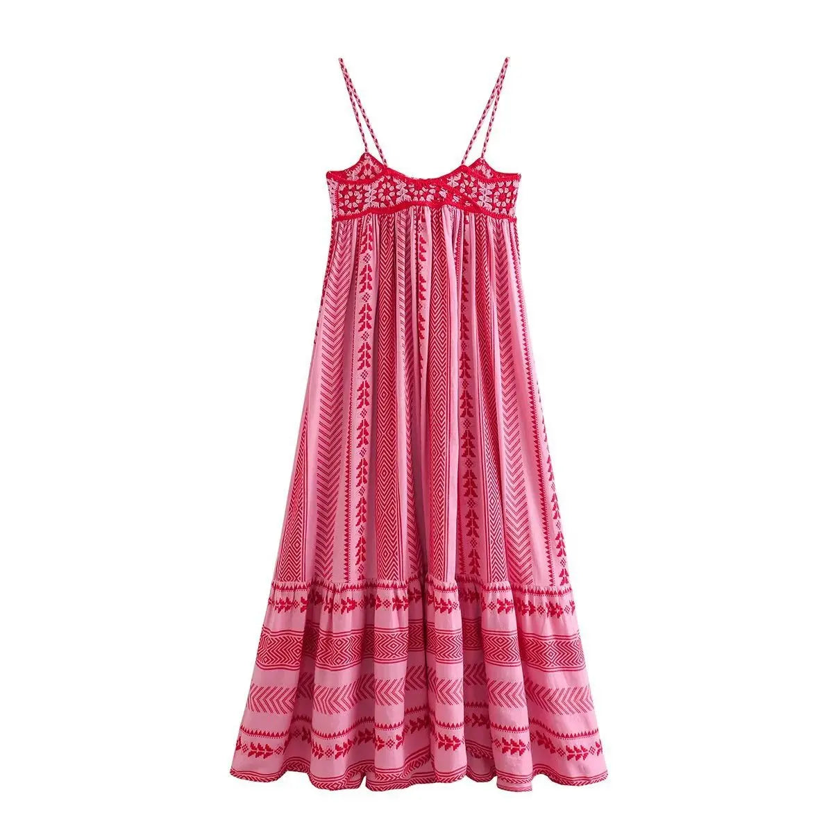 Boho Pink Spliced Crochet Strap Dresses For Women Robe Vintage