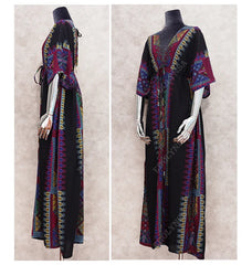 Neck V Back Side Split Black Indie Folk Kaftan Dress