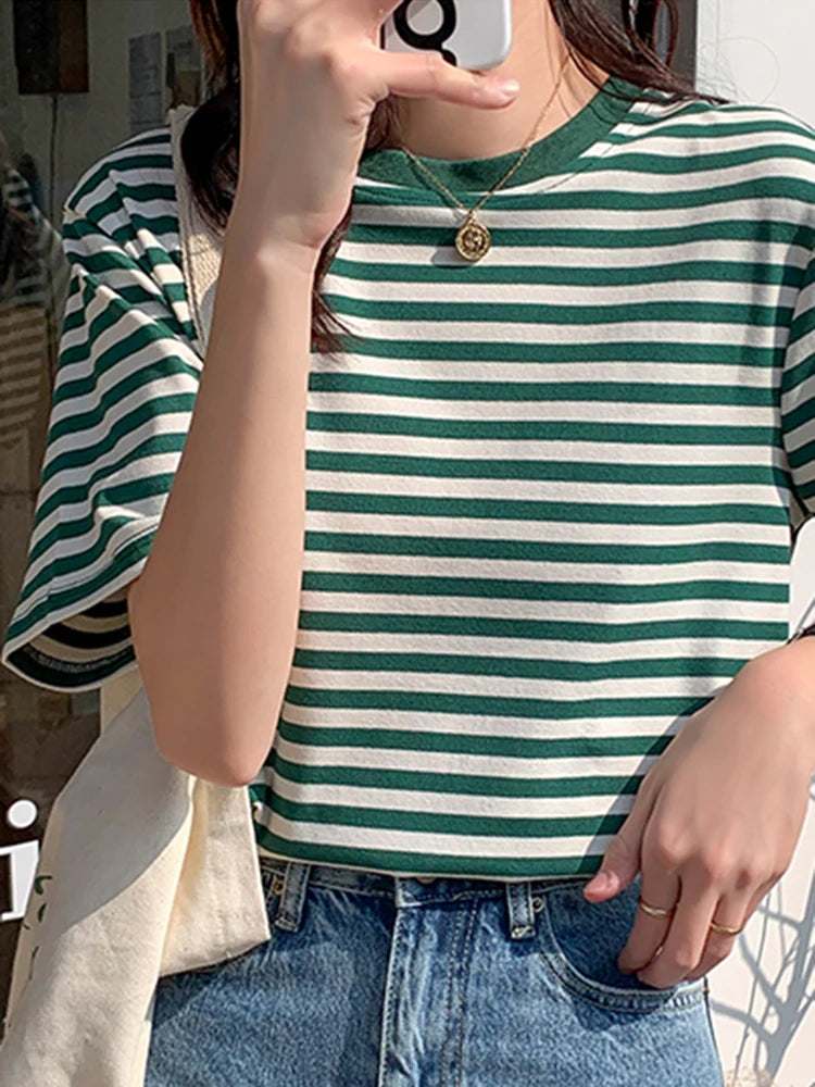 Women Stripes Vintage Tops O Neck Short Sleeve Pullover