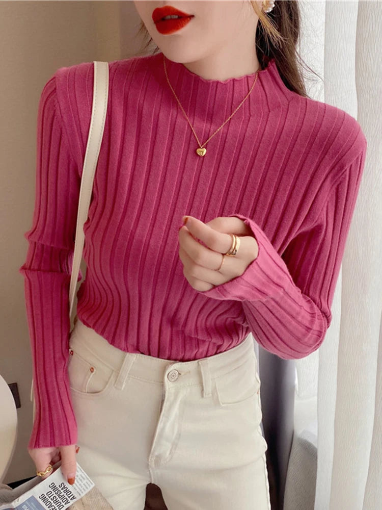 Autumn Winter Knitted Ribbed Turtleneck Sweater Clothes