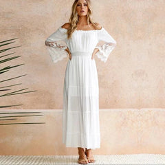 boho dress white off the shoulder beach sundress Flare long sleeve