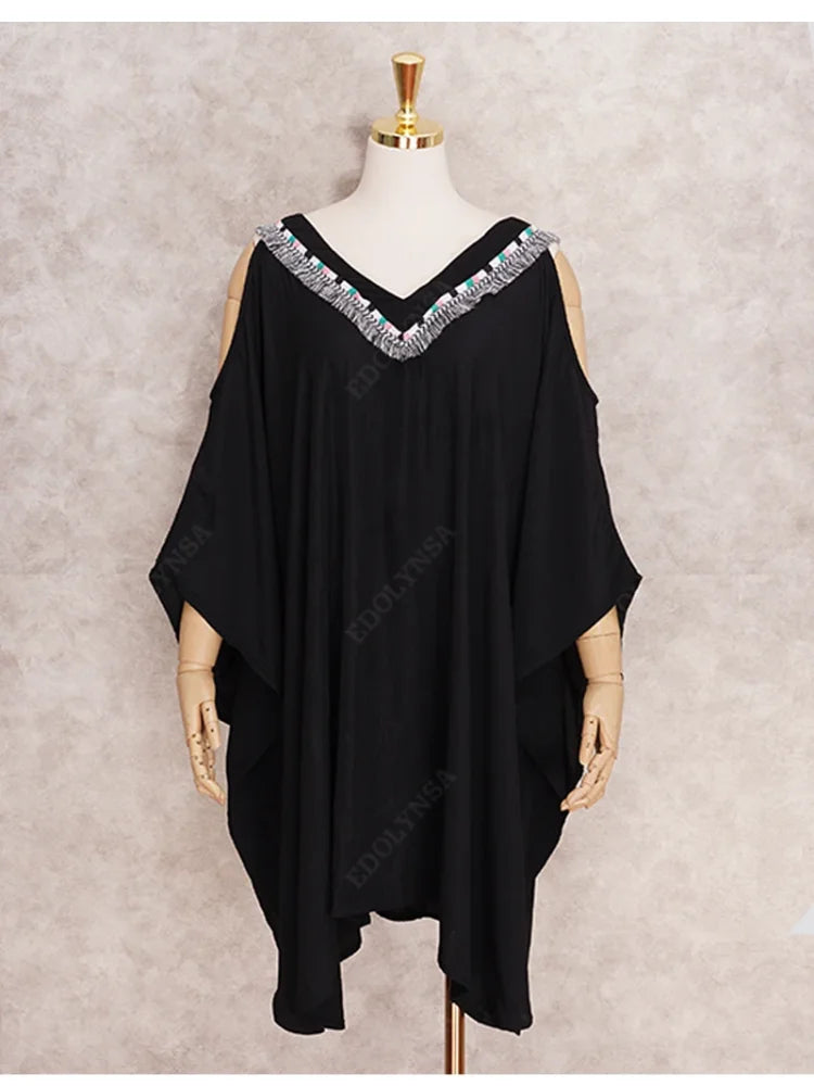 Slimming Black Tunic kaftan V-neck Off Shoulder Plus Mini Dress