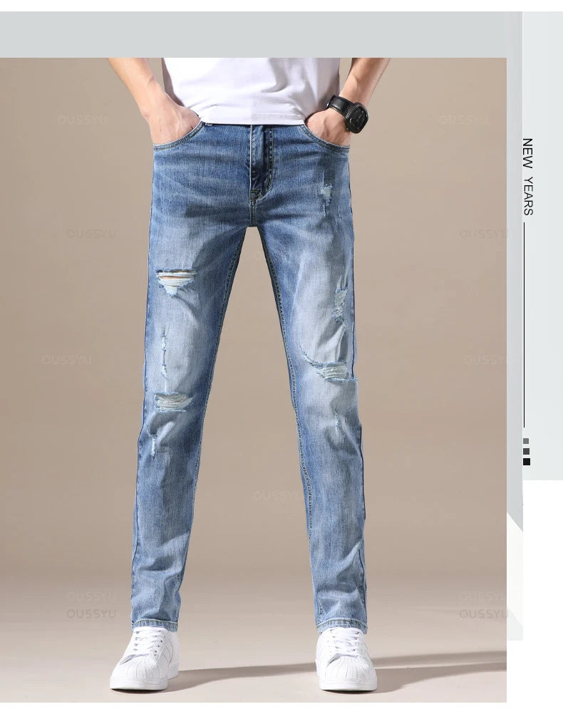 Men Jeans Slim Fit Skinny Denim Elastic Ripped Hole Pant