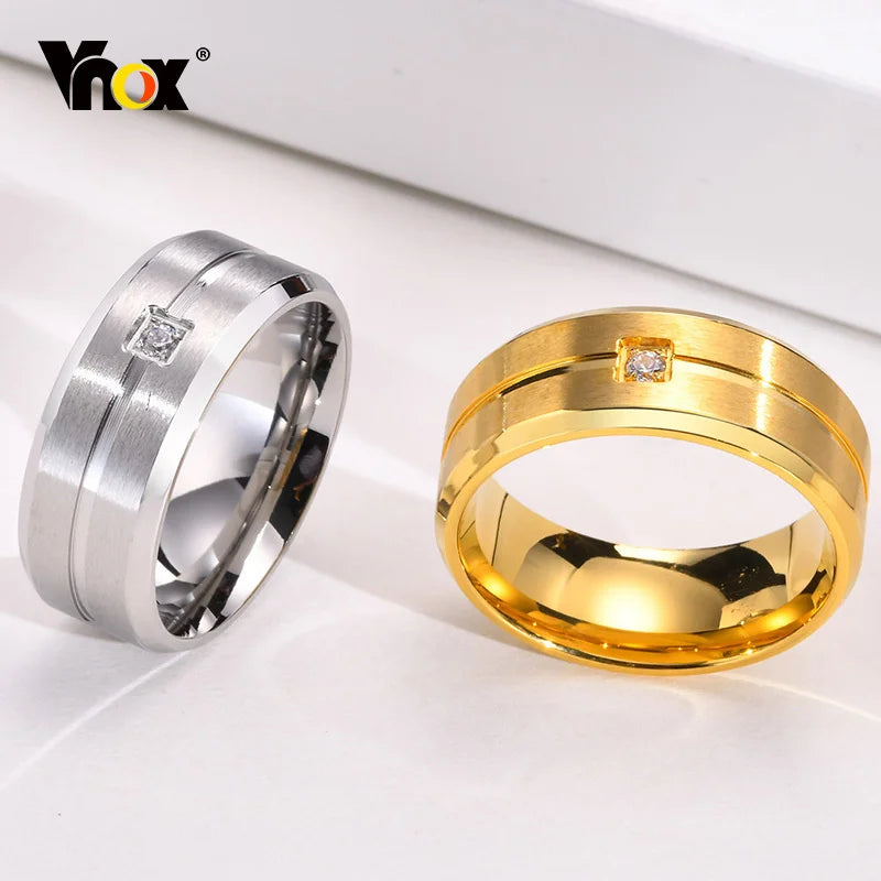 8mm Men's Band CZ Stone Stainless Steel Line Ring Simple Casual