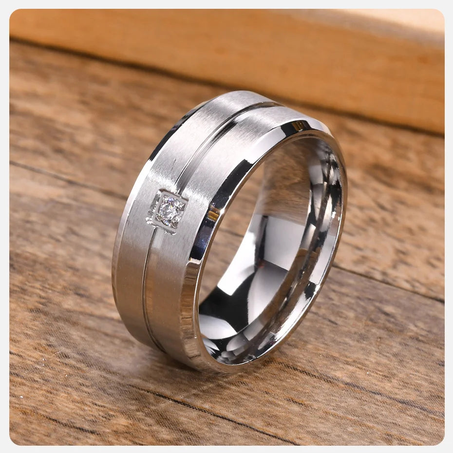 8mm Men's Band CZ Stone Stainless Steel Line Ring Simple Casual