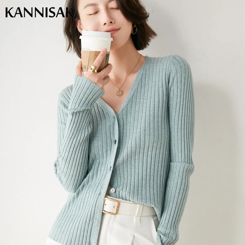 Sweater Cardigans V-neck Single Breasted Slim Fit Stretch Knitted Tops