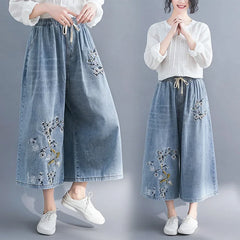 High Waist Wide Leg Jean Retro Ethnic Style Embroidery Floral