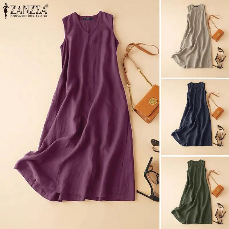 Summer Fashion Sleeveless V Neck Solid Sundress Casual