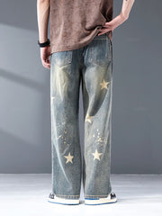 Star Print Design Men's Jeans Cotton Straight Denim Pants Style Streetwear