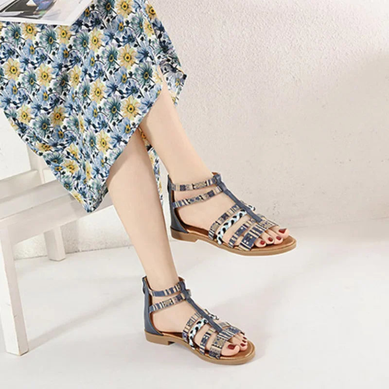 Women's Large Sandals Summer Bohemian Retro zipper Rhinestone  Flat Shoe