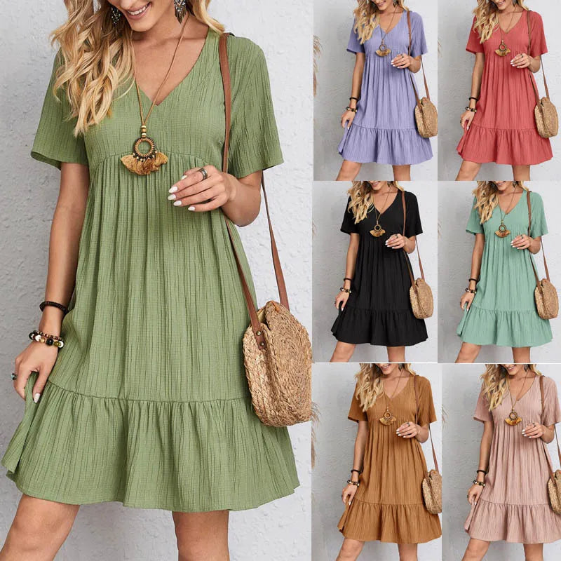 Vintage Solid Elegant Dress Fashion Casual V-Neck High Waist