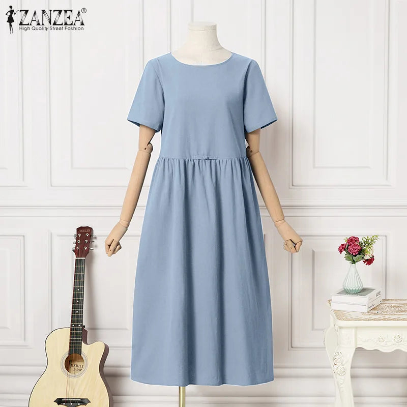 Women Short Sleeve Vintage Cotton Dress Solid Midi Casual Fashion