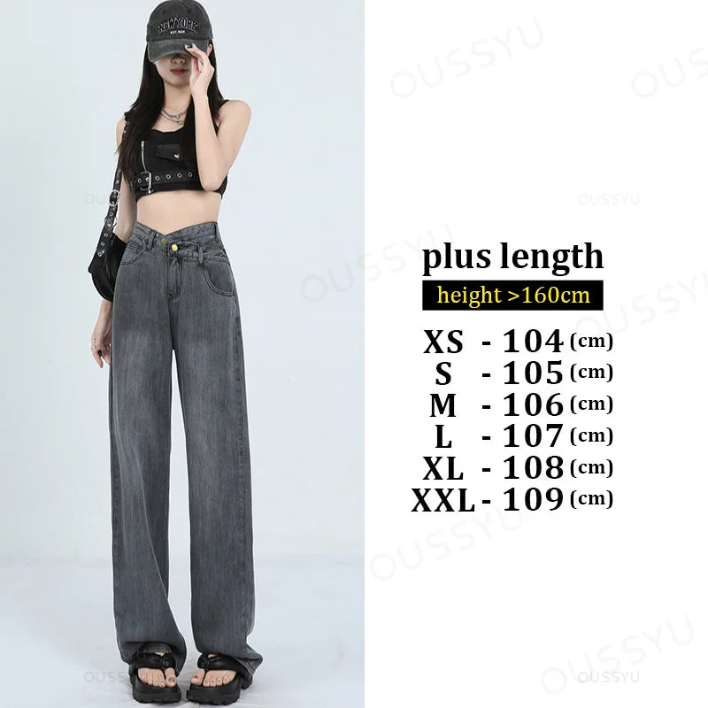 Woman Jeans Thin Loose Wide Leg Straight High Waisted Pant