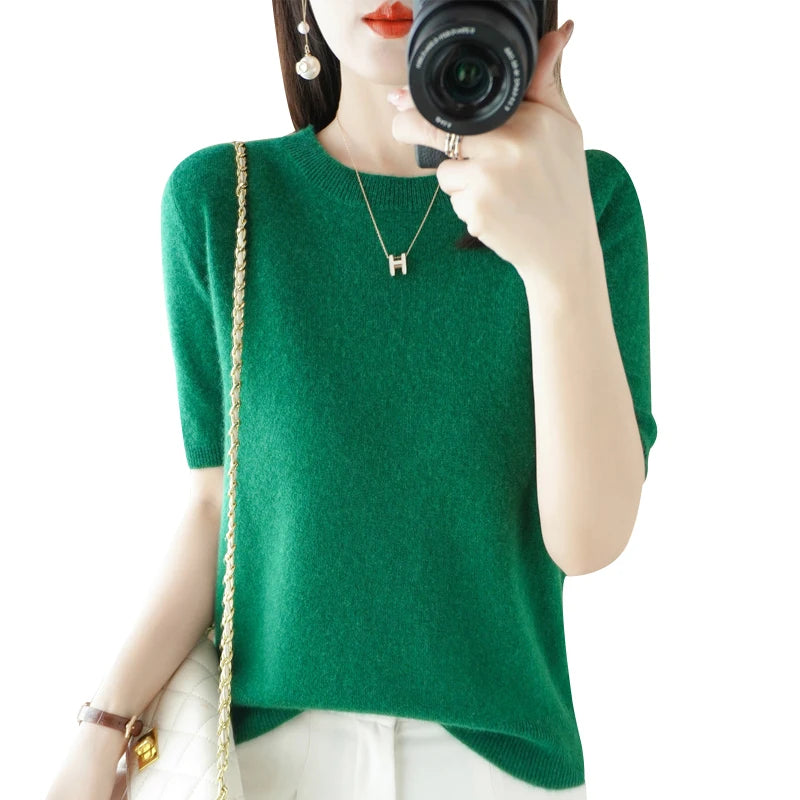 Short-sleeved Knitwear O-neck T-shirt Pullover Tops Sweater