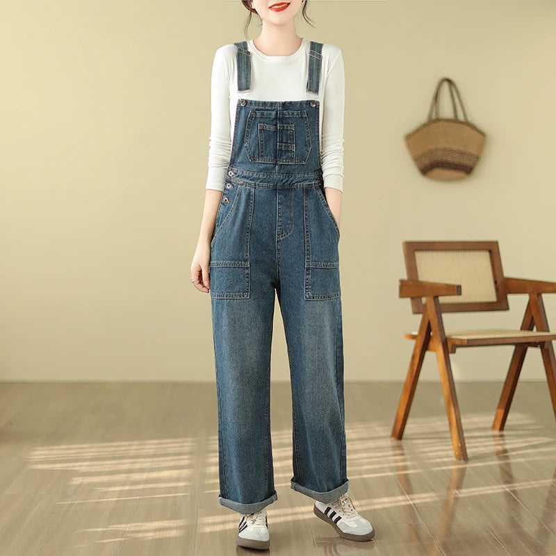 Women's Denim Jumpsuit Fashion Style Loose Casual Multi Pocket