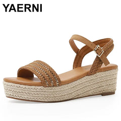 Summer Women Buckle Sandals Hemp Rope Wedges Shoes Outdoor