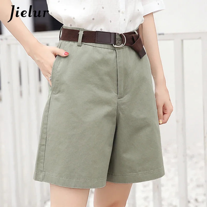 Shorts All-match 4 Solid Color Sashes Casual Shorts A-line High Waist