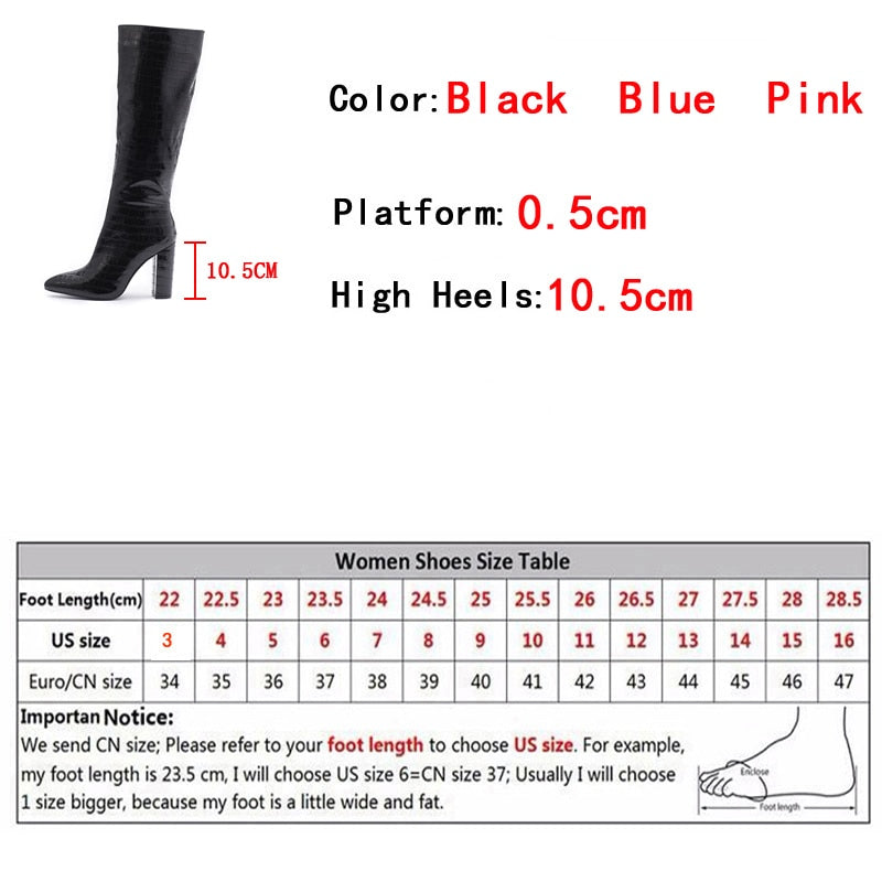 Pointed Toe Zip Knee High Boots Fashion Print Square Heels