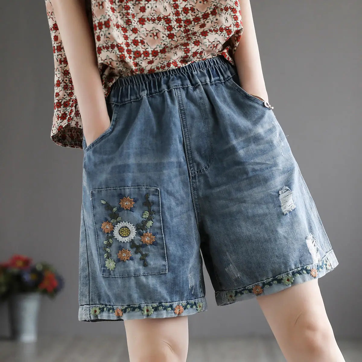 Style Classic High Waist Denim Shorts Summer Trendy Patchwork